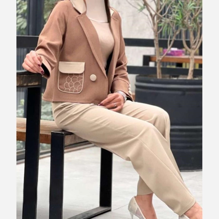 کت شلوار زنانه جیب گلدوزی مزونی کرپ ملانج