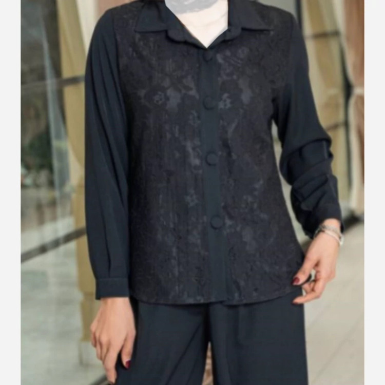 ست کت و شلوار (کتشلوار) زنانه گیپور کرپ مورگان مشکی