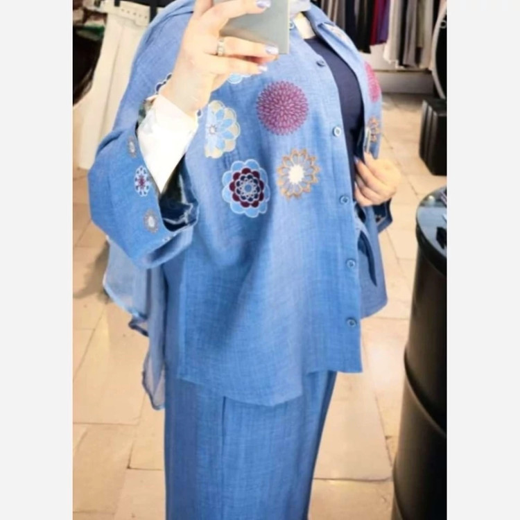 ست تونیک و شلوار زنانه گلدوزی شده مزونی