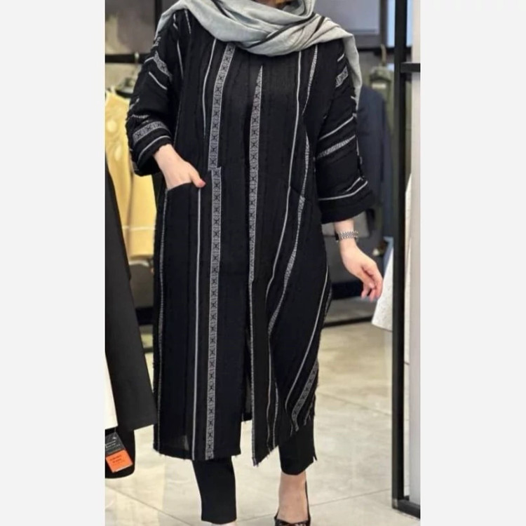 مانتو ماکسی حریر ژاکارد ترک مزونی آستین پاگون